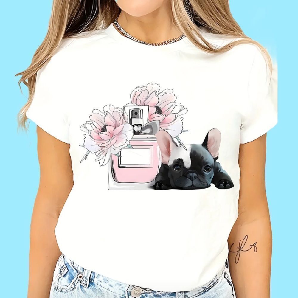 Women's White Graphic Tee with Pink Floral and Dog Design